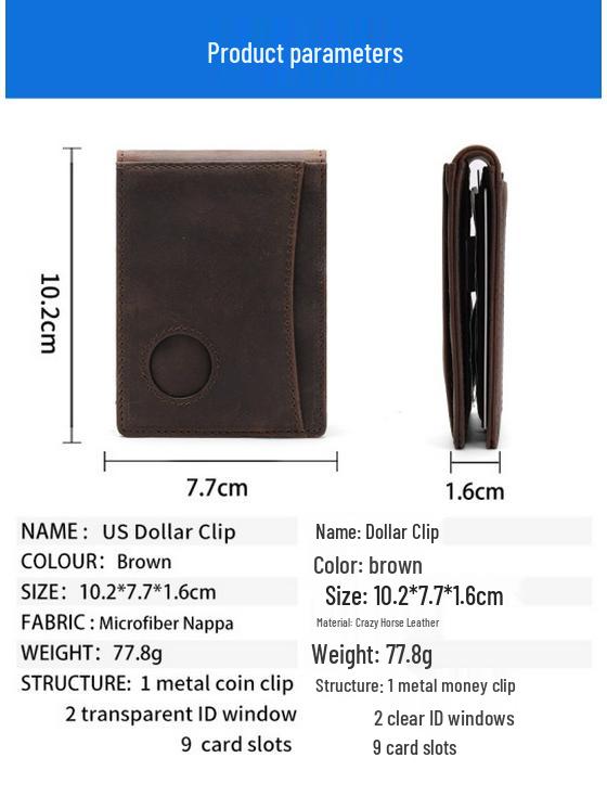 Crazy Horse Leather Men's RFID Wallet with AirTag Holder, Money Clip, Multi-Card Slots, and Anti-Theft Protection.
