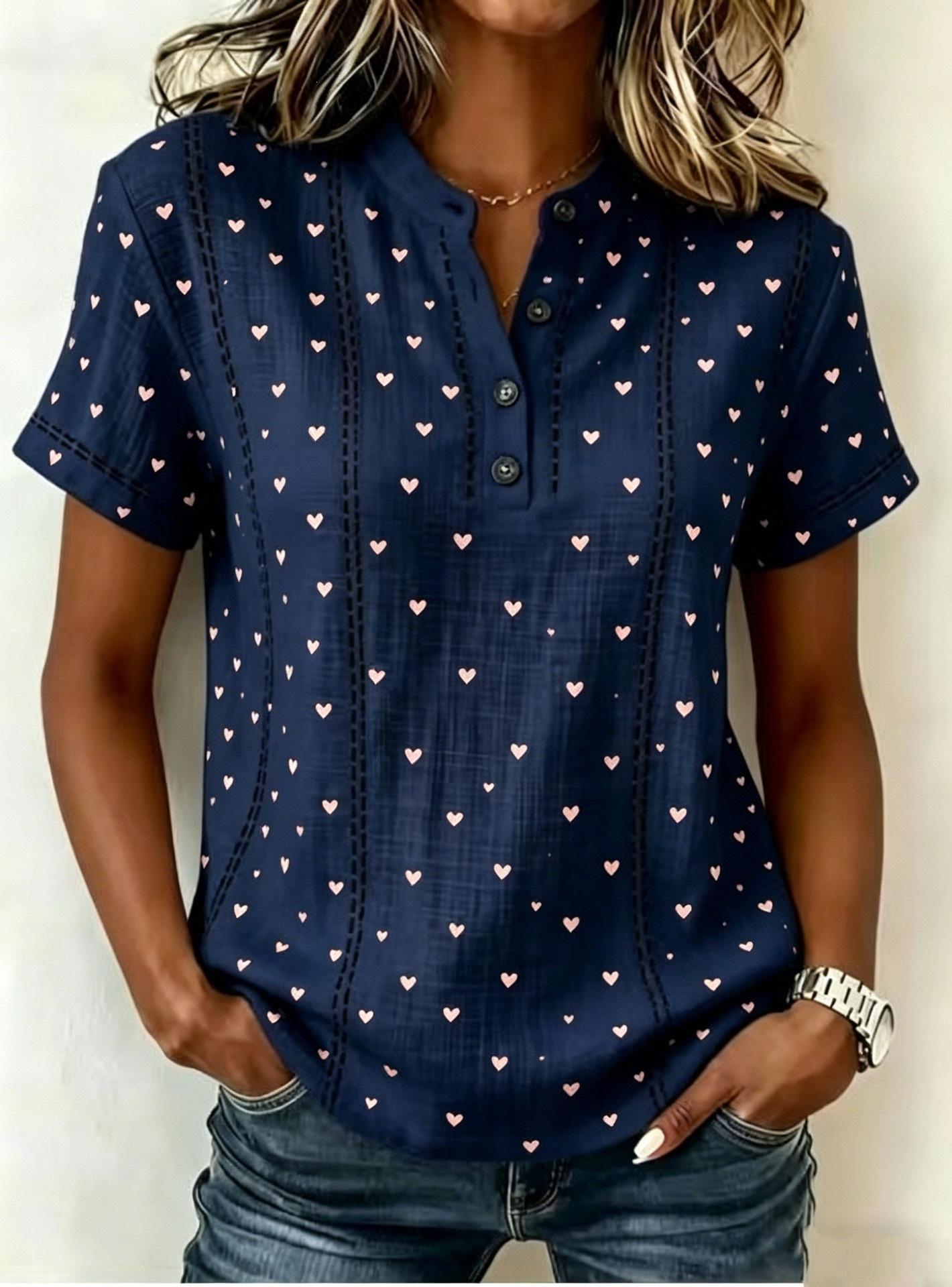 Love Printed Henry Collar Hollow Short Sleeve Casual Loose Cotton and Linen Top S