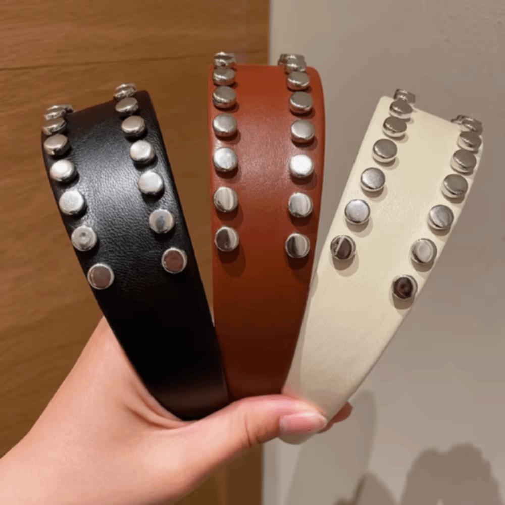 Vintage Wide Brim Hair Hoop PU Leather Face Wash Headwear Cool Rivet Headband Outdoor
