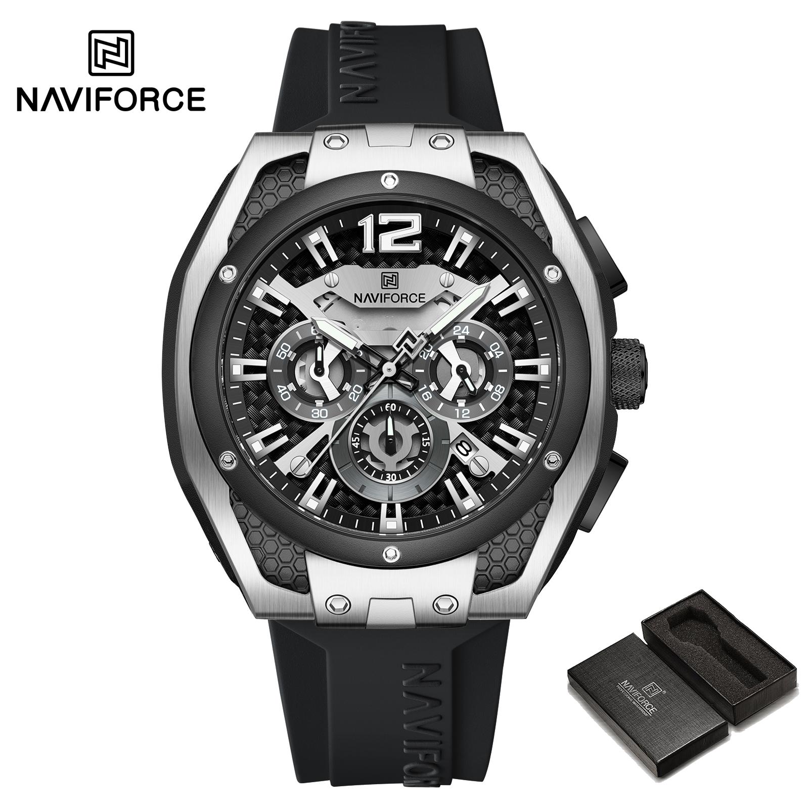 

Naviforce Оригинальные кварцевые часы для мужчин, светящиеся стрелки, календарь, хронограф, силиконовый ремешок, водонепроницаемость 30 м, многофункциональные мужские часы для активного отдыха NF8063 серебряный/чёрный