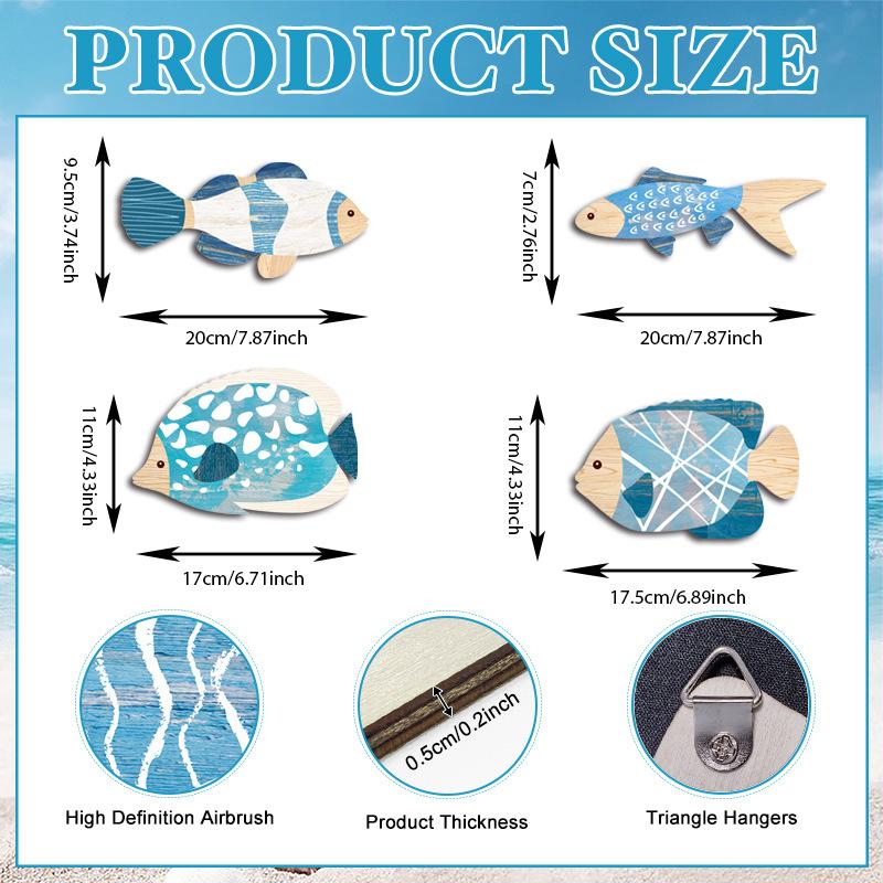 2D Wooden Fish Nautical Walls Beach Art Walls Hang Decorated Marine Style Wood Wall Hanging Sculpture For Home Room Decoration