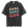 Retro Cool Moms Club T Shirt Groovy Flower Letter Print Vintage Washed Cotton Loose Fit Short Sleeve Tops Gift  for Trendy Moms