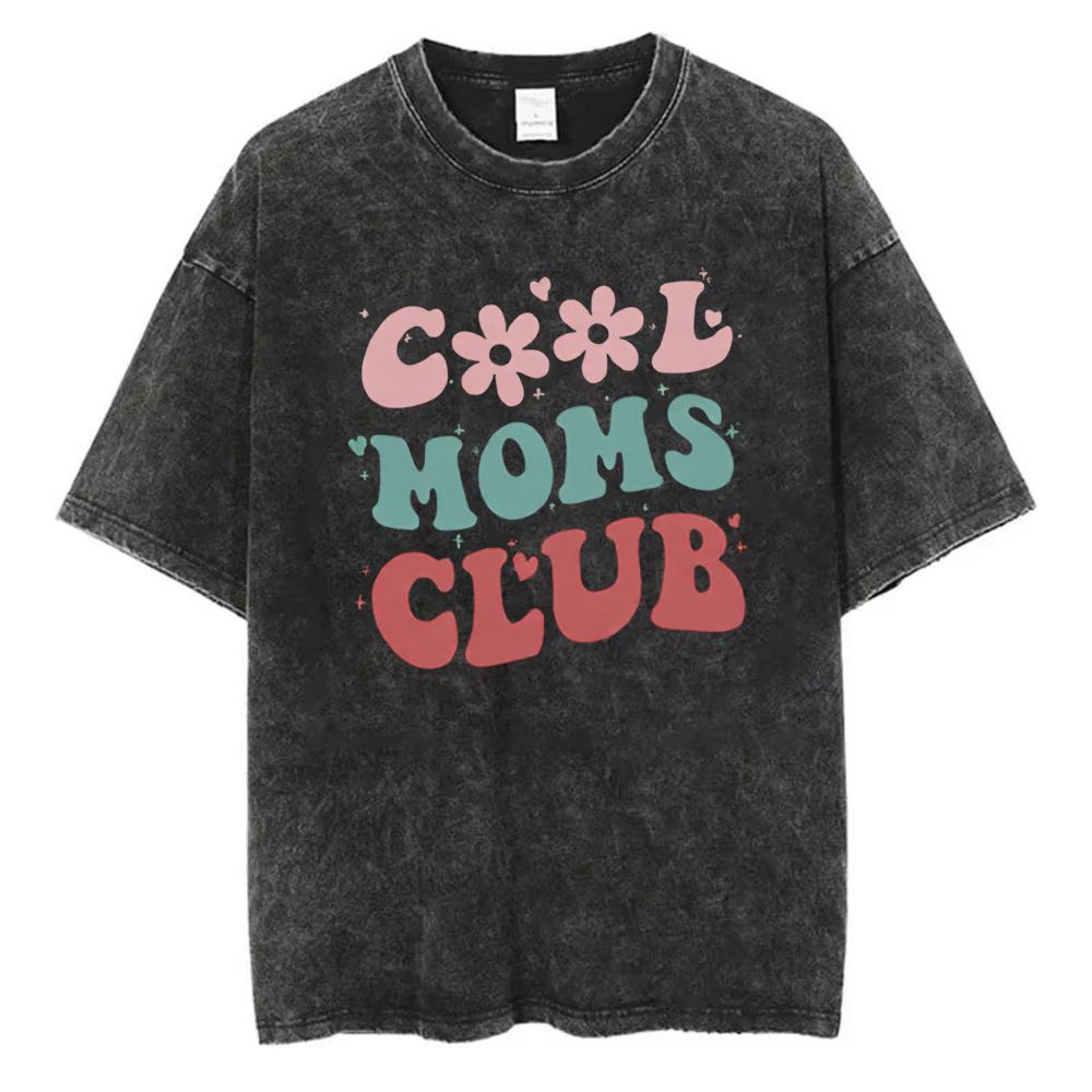Retro Cool Moms Club T Shirt Groovy Flower Letter Print Vintage Washed Cotton Loose Fit Short Sleeve Tops Gift  for Trendy Moms