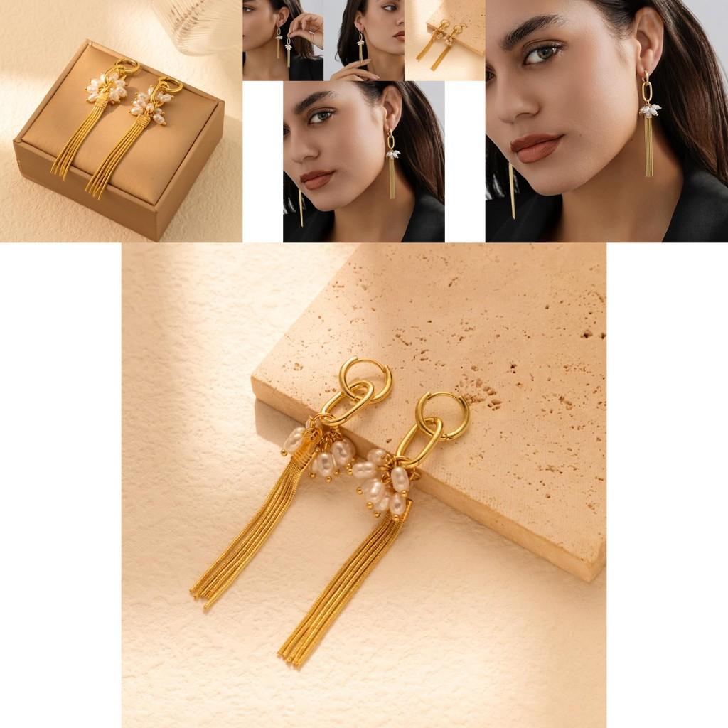 Modern Geometric Tassel Earrings For Women Simple Faux Pearl Gold Design