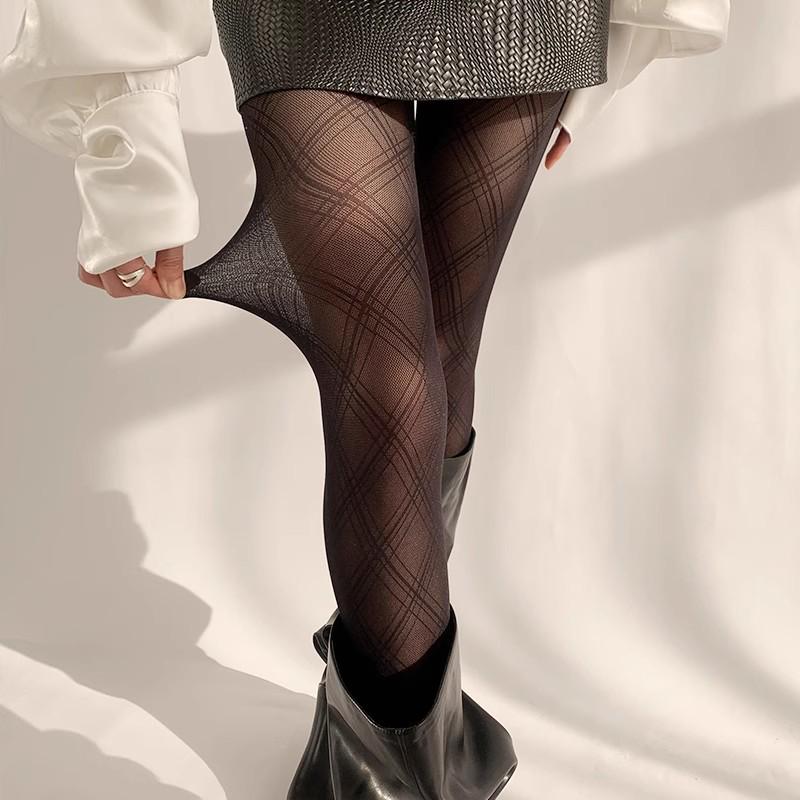 Exclusive Black Diamond Check Stockings: Women's Sheer Silk Pantyhose for All Seasons