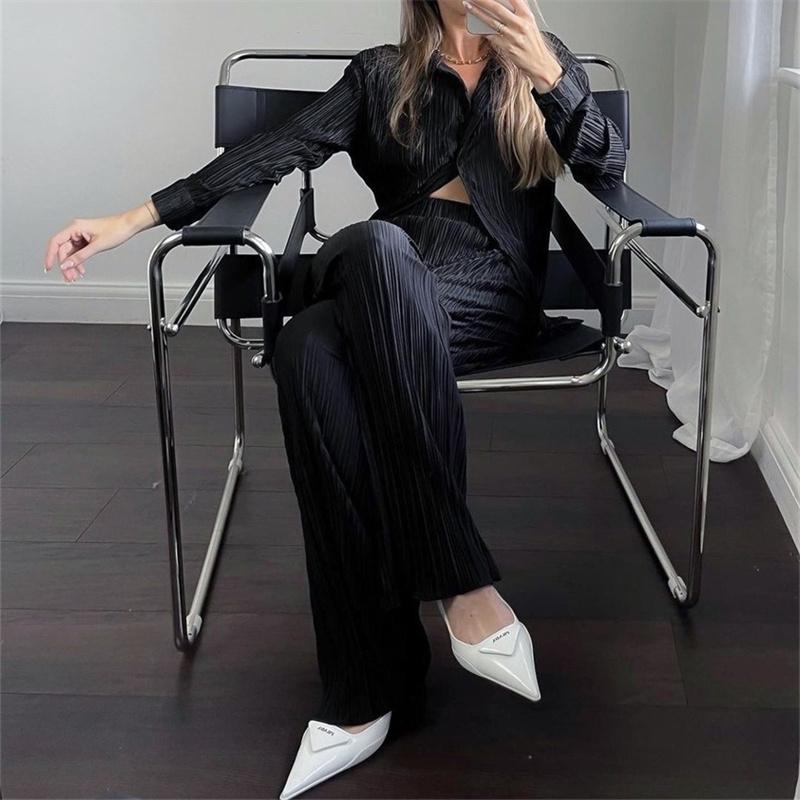 Casual High Wasit Pleated Pants Set Women Autumn Long Sleeve Blouses Matching Wide Trousers Suit Green Pleated 2 Piece Pant Sets