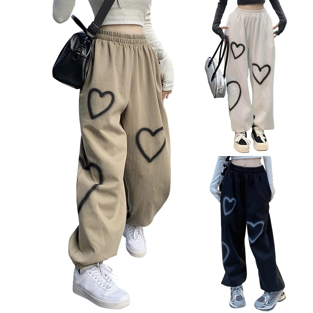 Locker sitzende koreanische Sporthose mit hoher Taille für Damen mit lässigem und lässigem Design und Herzmuster