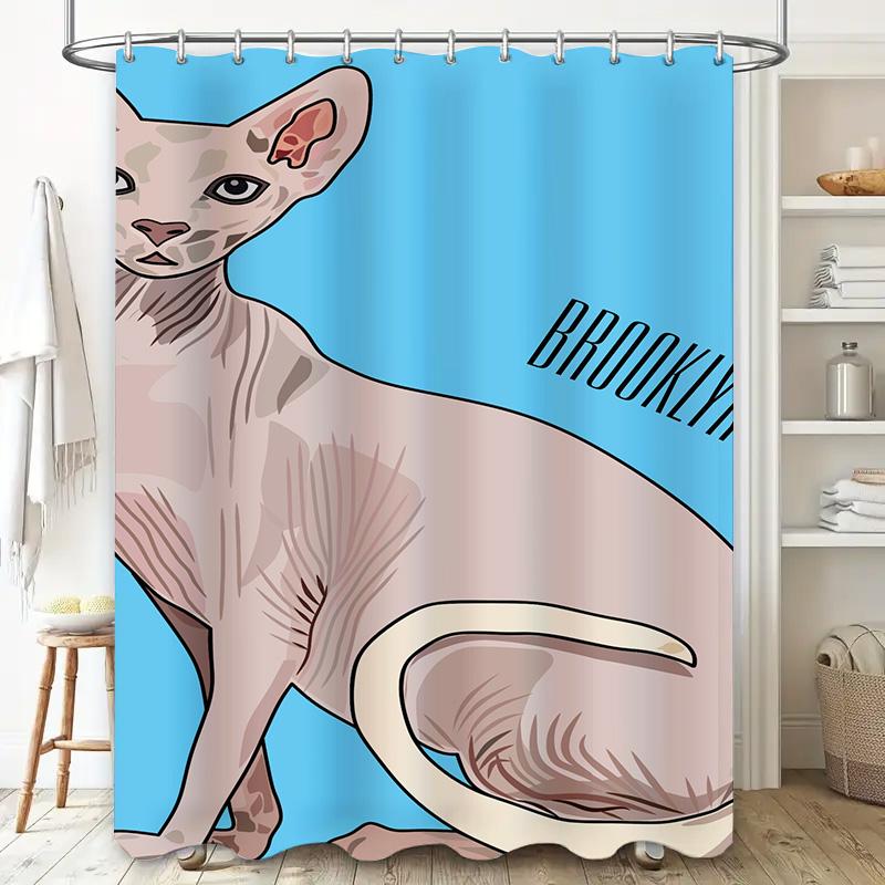 Brooklyn Cat Shower Curtain Modern Minimalist Design with Sphynx Hairless Cat Print for Bathroom Decor (Light Blue Color)