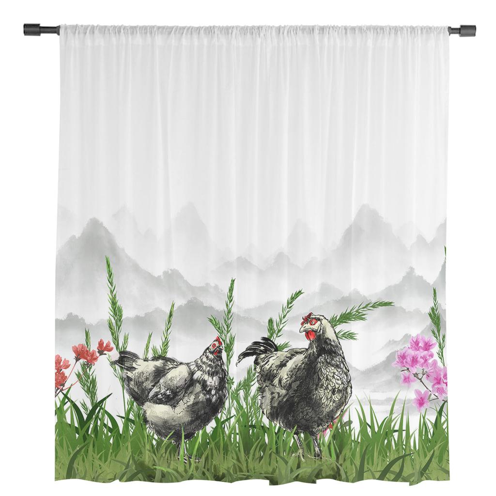 Hühnerpflanze Tuschemalerei Fenster Vorhänge Transparent Chiffon Tüll Vorhang Heim Wohnzimmer Hintergrund Dekoration
