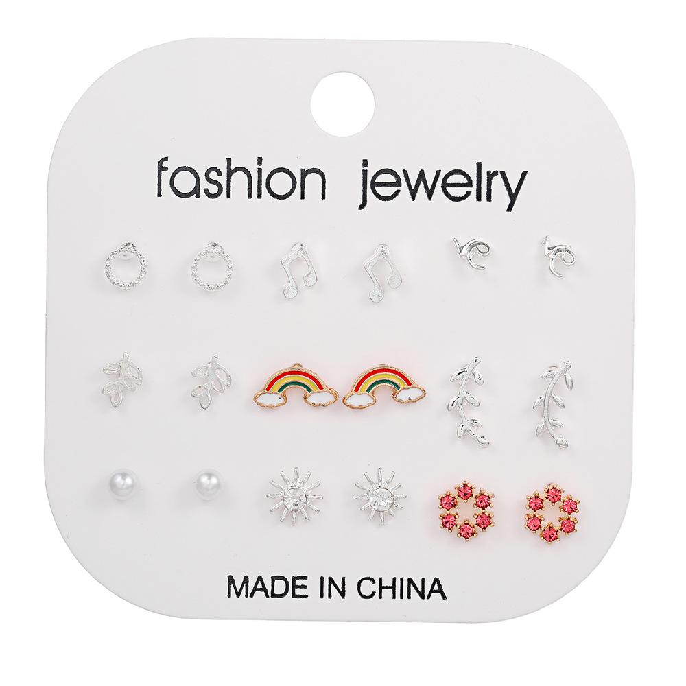 Versatile geometric love stud earrings set, women's high sense 9-piece set, European and American new ins exquisite fashion earrings