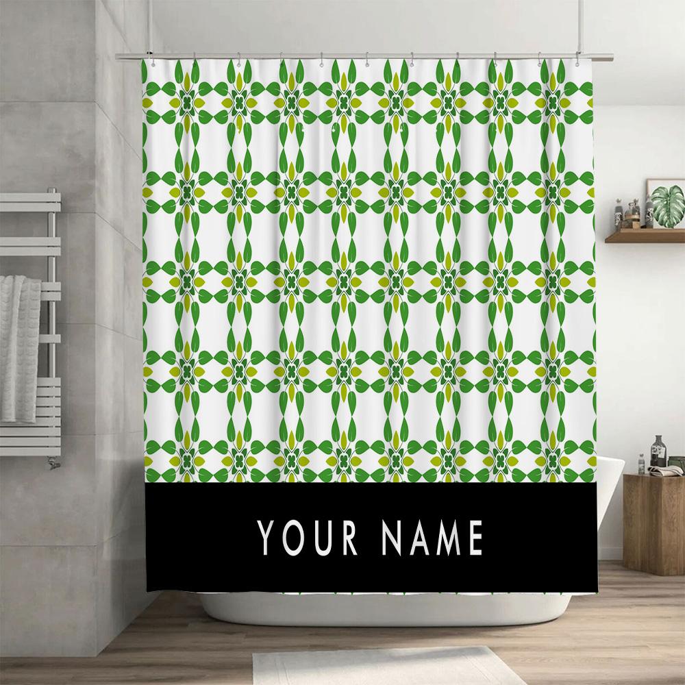 Customizable Floral Shower Curtain With Your Name Personalization For Bathroom Decor Green Yellow Geometric Design
