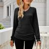 Ladies Casual Color Long Sleeve V-neck Side Drawcord Pleats T-Shirt Top