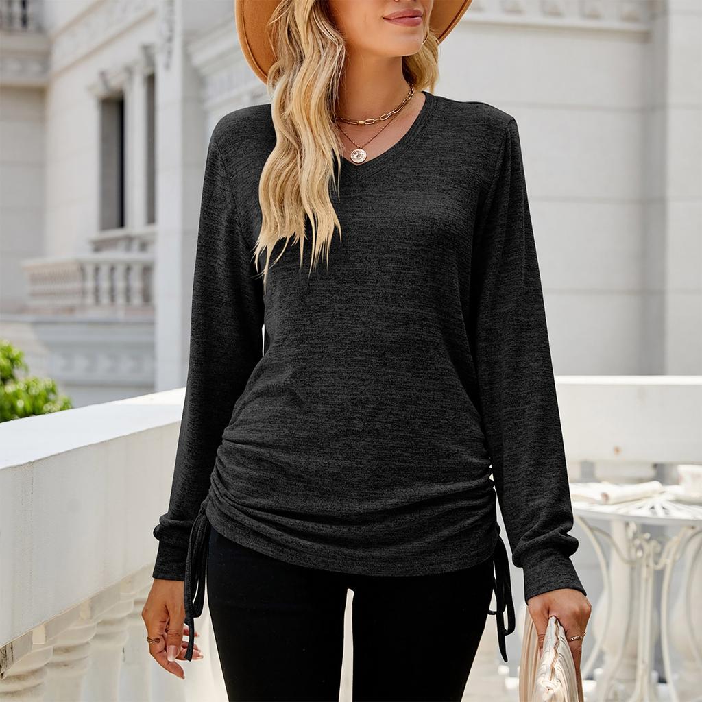 Ladies Casual Color Long Sleeve V-neck Side Drawcord Pleats T-Shirt Top
