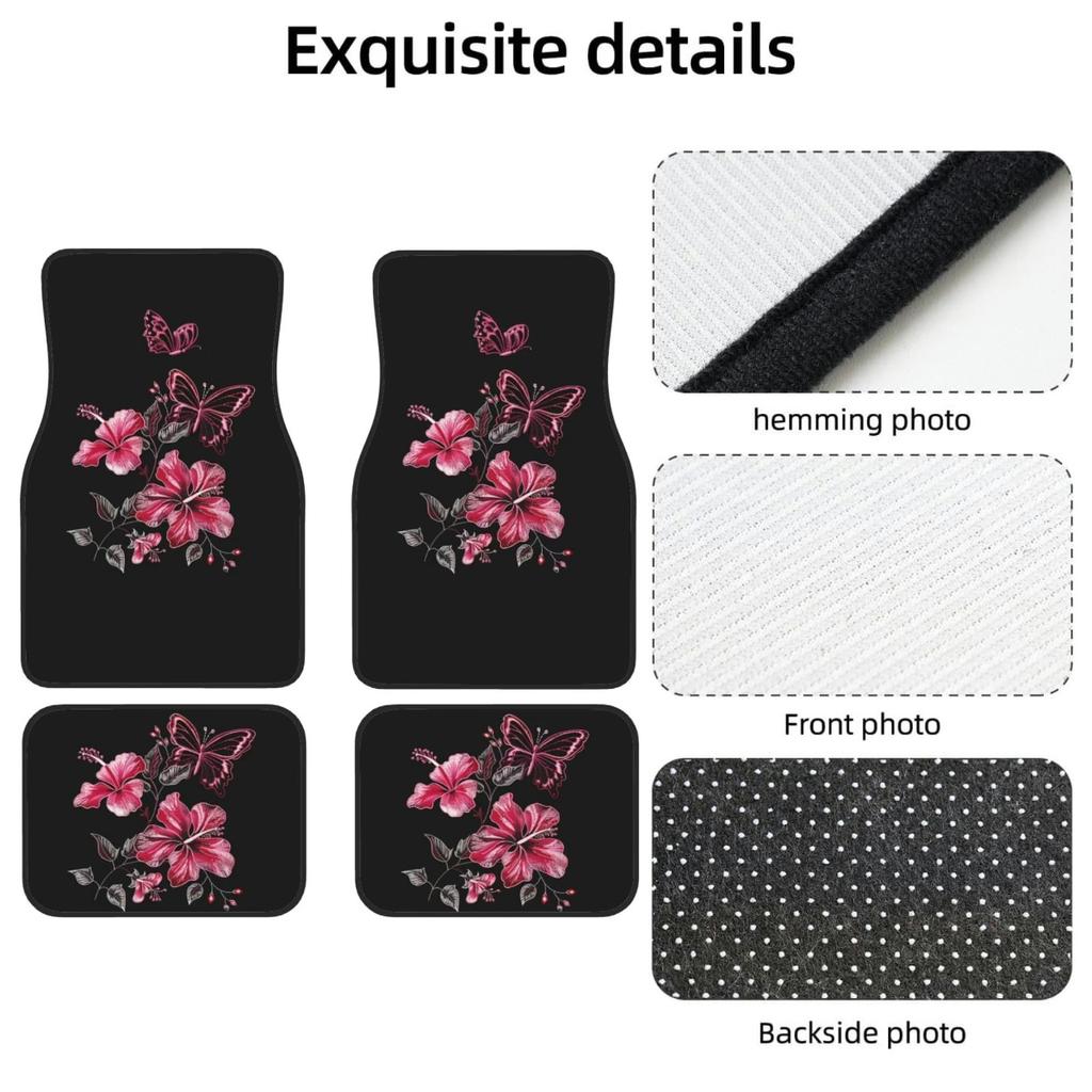 Hibiscus & Butterfly Car Floor Mats Full Set of 4,Black Vehicle Carpets Mat Car Floor Carpets Rugs ,Car Accessories