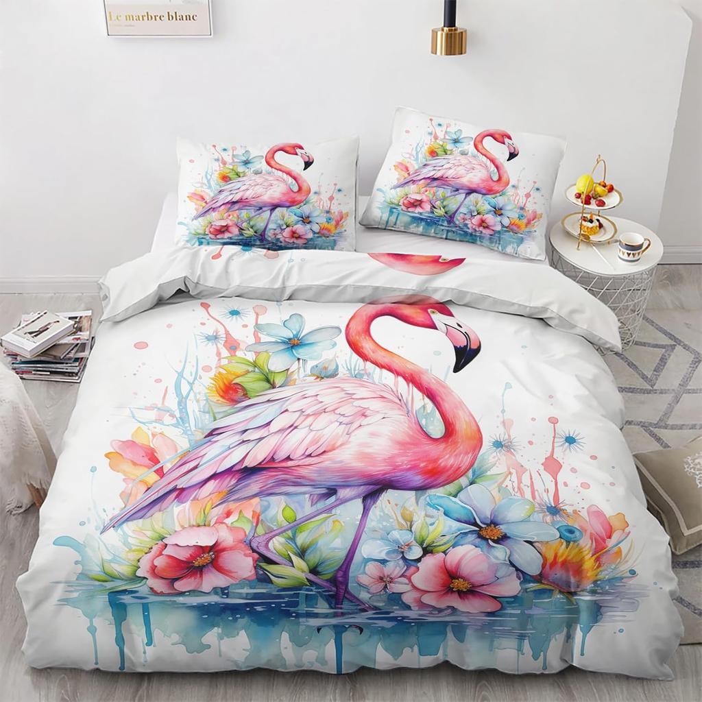 Flamingo Deko Bedding set, Flamingo Duvet Cover set 2pcs with 1 Pillowcase 75x50cm, Soft Microfiber Winter Bedding with Zipper