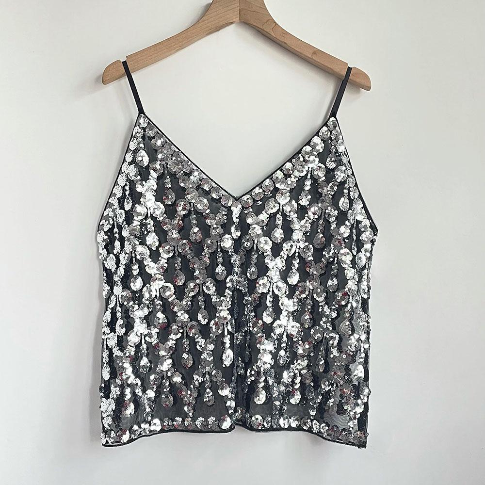 European & American V-Neck Sequin Camisole: Chic Sleeveless Top for Inner & Outer Wear