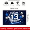 13th Teenager Birthday Banner Backdrop Blue Silver Balloons Rocket Game Controller