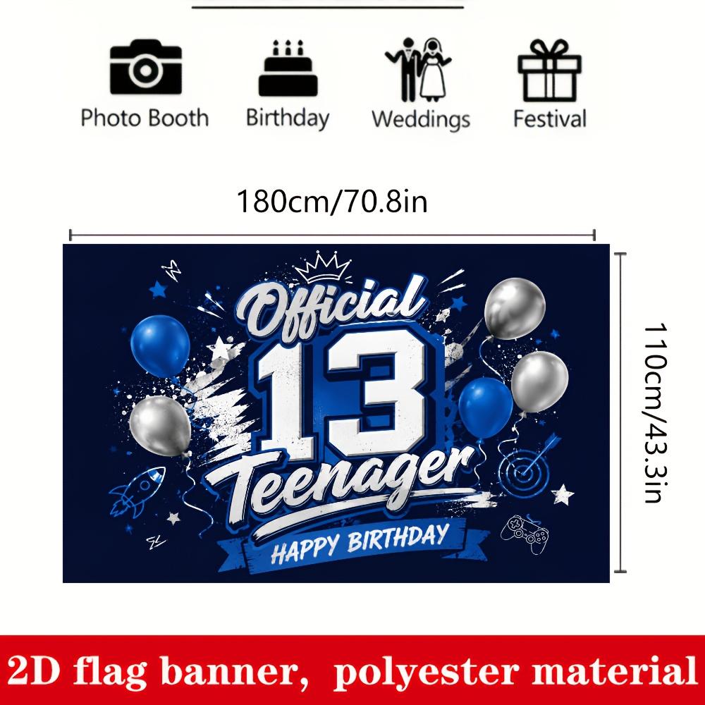 13th Teenager Birthday Banner Backdrop Blue Silver Balloons Rocket Game Controller
