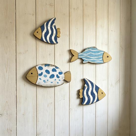 3 Stück Holzfisch Nautische Wanddekoration Strand Küstenfisch Wandkunst Rustikale Fisch Hängende Skulptur für Badezimmer Seehaus Dekoration