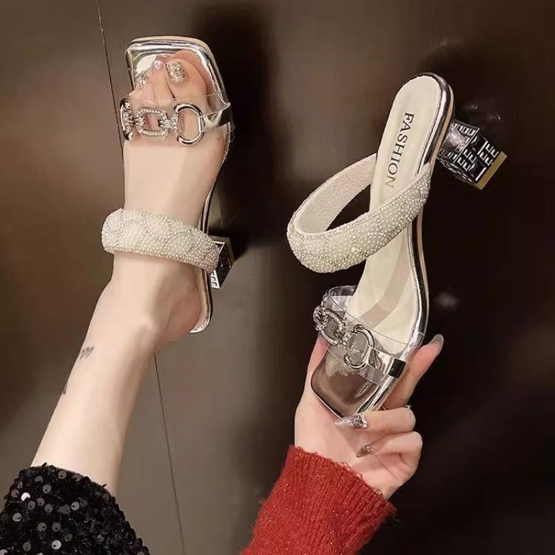 Square Head Open-toe Crystal with Set Foot Non-slip High-heeled Slippers Summer New Anti-slip Wear-resistant Sandals