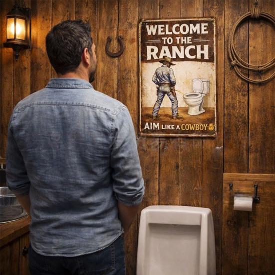 Vintage Funny Western Cowboy Bathroom Metal Sign Aim Like A Cowboy Wall Art Humor Toilet Decoration for Guest Bathroom Restroom