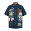 American Retro Coffee Bear Sticker Embroidered Denim Short-sleeved Shirt for Men and Women Couple Summer Loose Casual Shirt