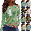 Women's Fashion Casual Slit Hem Round Neck Long Sleeve Loose Printed T-Shirt Ladies Top