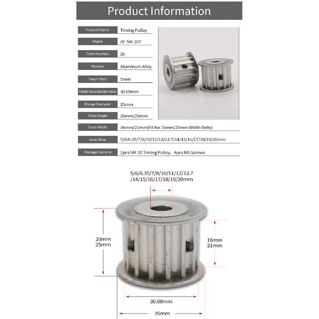 2pcs HTD 5M Type 20T 20 Teeth 5-20mm Inner Bore 5mm Pitch 16/21mm Belt Width Synchronous Timing Belt Pulley