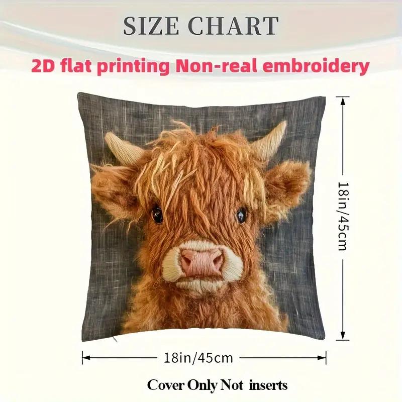 2D Flat Print Ultra Soft Short Plush Highland Cow Cute Decorative Pillow Cover, Non-Embroidered, Polyester Single-Sided Printing, Zipper Closure