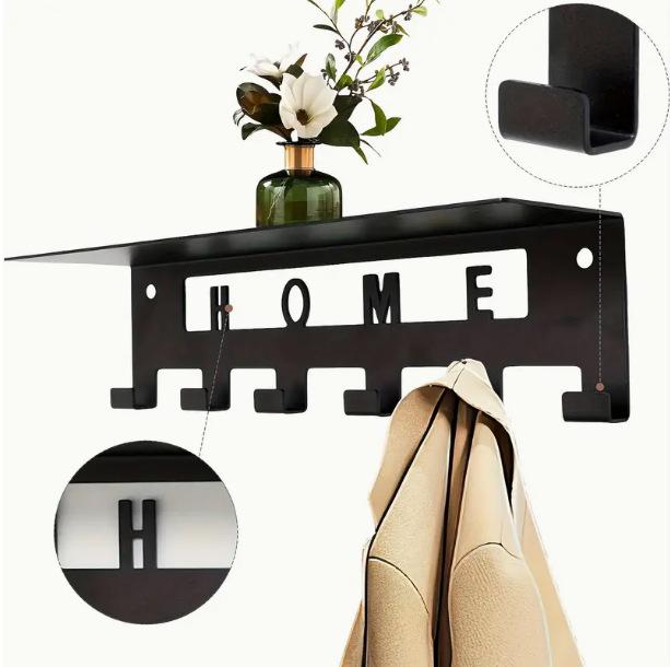 Wandmontierte schwarze Metall-Garderobe mit Regal und 6 Haken