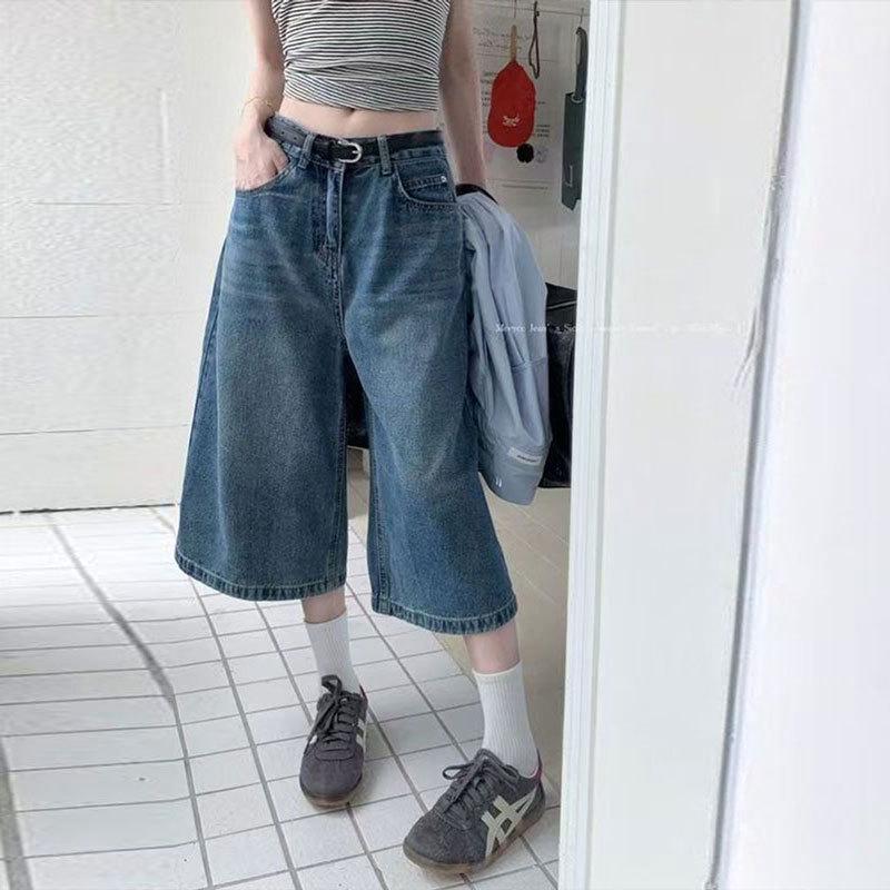 Damen Amerikanische Retro Gewaschene Jeansshorts - Used, Locker, Weiter Beinschnitt, Mittellang