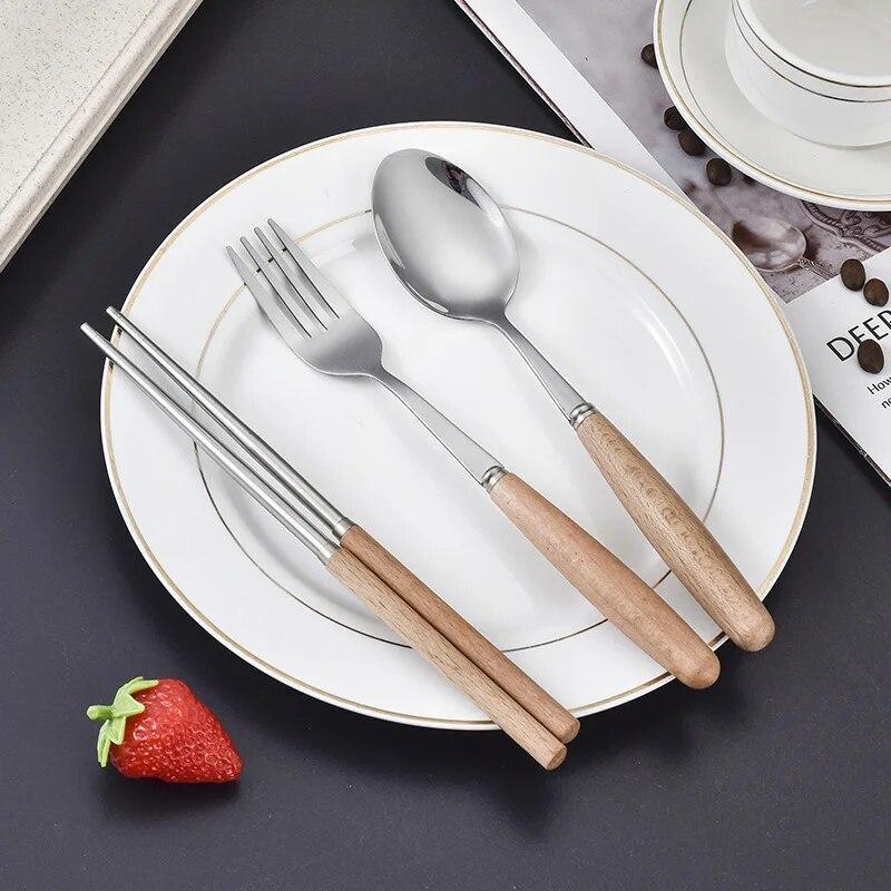 1set Creative Wooden Handle Stainless Steel Tableware and Portable Three Piece Set of Spoons Forks and Chopsticks with Box