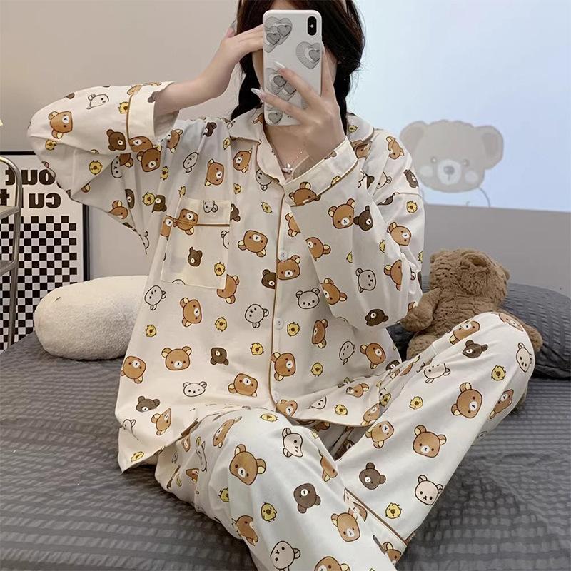 

Autumn Pajamas Female Cute Cartoon Cotton Bear Long-Sleeved Trousers Student Age-Reducing Women S Dormitory Loungewear Set M