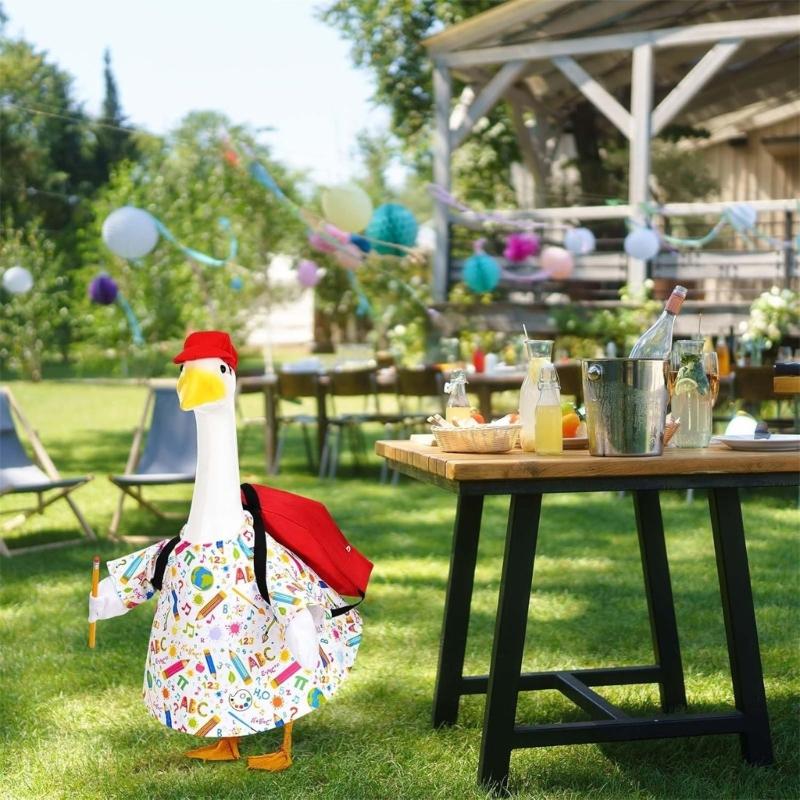 Weather Resistant Cement Garden Geese Sculpture Figure Featuring Seasonal Costumes For Outdoor Patios Display Decoration