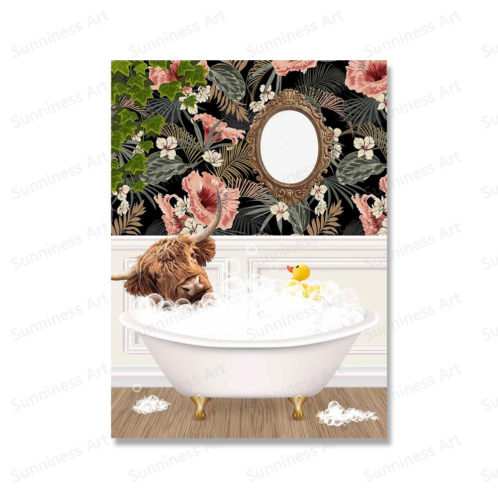 Animal Highland Cow In Bathroom Wall Art Canvas Painting Posters Botanical Library Monstera Leaf Print For Coffee Bar Home Decor