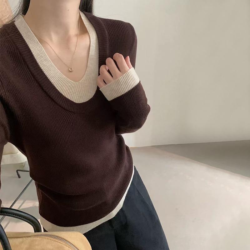 Trendy Retro Fake Two-piece Knitted Sweater Women's Autumn and Winter Collar Sexy Contrasting Color Inner Bottoming Shirt Top