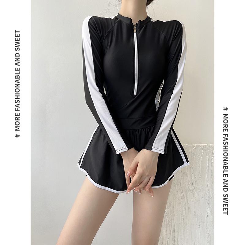 Conservative Long Sleeve Swimwear: Slimming Tummy Control Boyleg One-Piece for Female Students