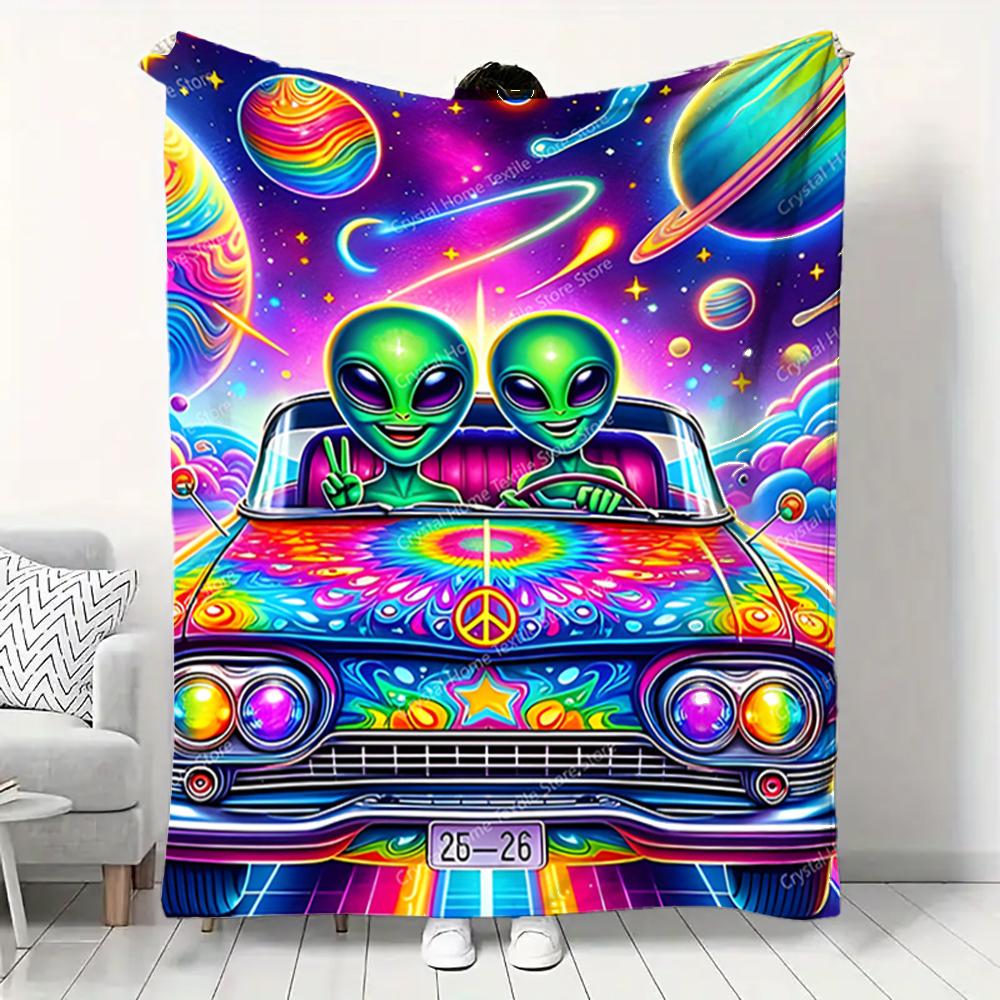 Alien Space Car Flannel Blanket Home Sofa Lunch Break Blankets Children Student Blankets Nap Cover Kid Camping Bed Couch Office