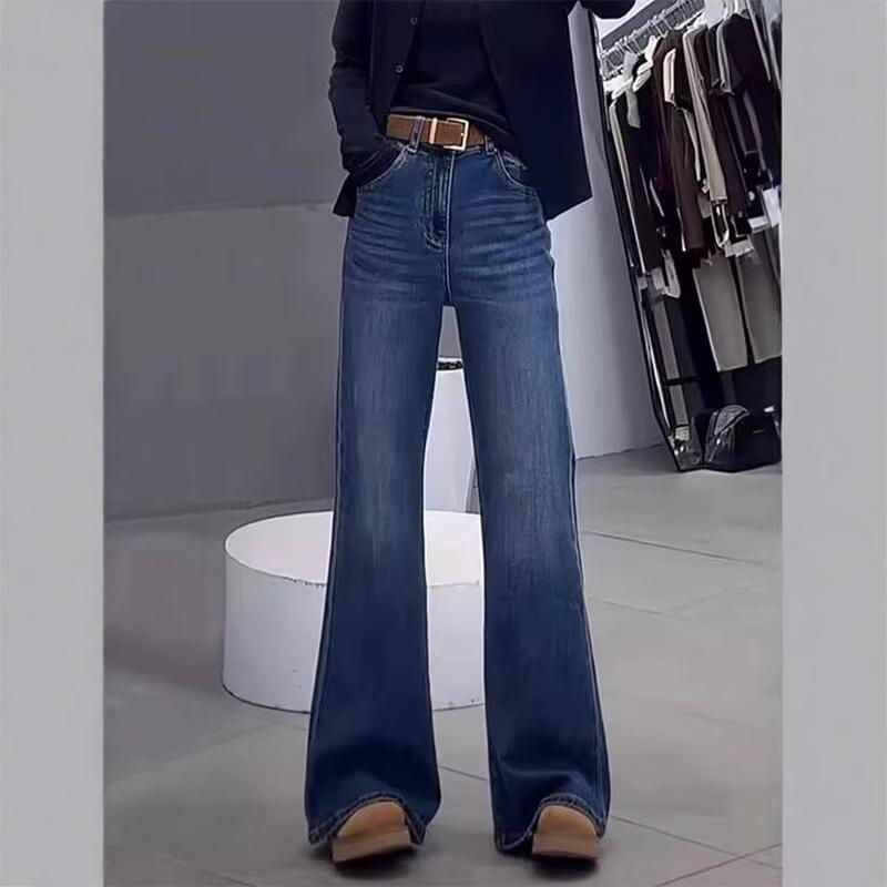 Women's High Waist Black Micro-Flared Jeans, Plus Size, Elastic, Slimming, Floor-Length – 2025 Autumn Collection.