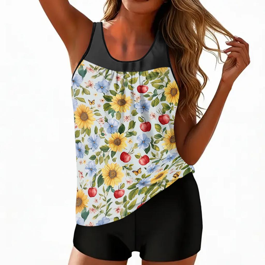 Women’s Tankini Swimsuit Two Piece Set with Floral Leaf Print Sleeveless Top and Boyshort Bottoms for Beach Pool Wear