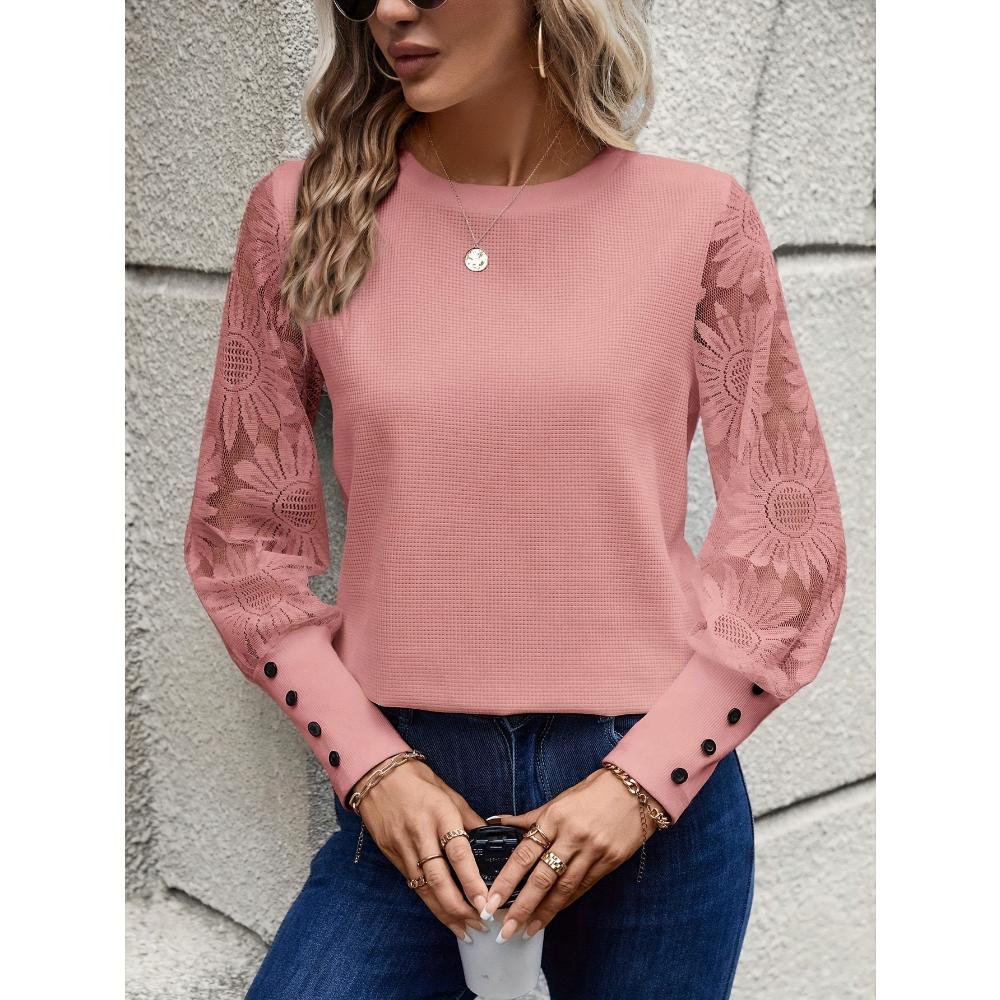 2024 Autumn Top European and American Solid Color Long Sleeve Embroidered Lace Splicing Waffle Round Neck Top Fashionabl Versatile