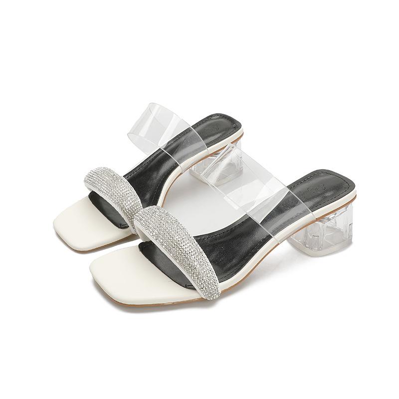 Z008 crystal high-heeled slippers 2025 summer rhinestone one-word sandals Korean version square head thick-heeled cool slippers women