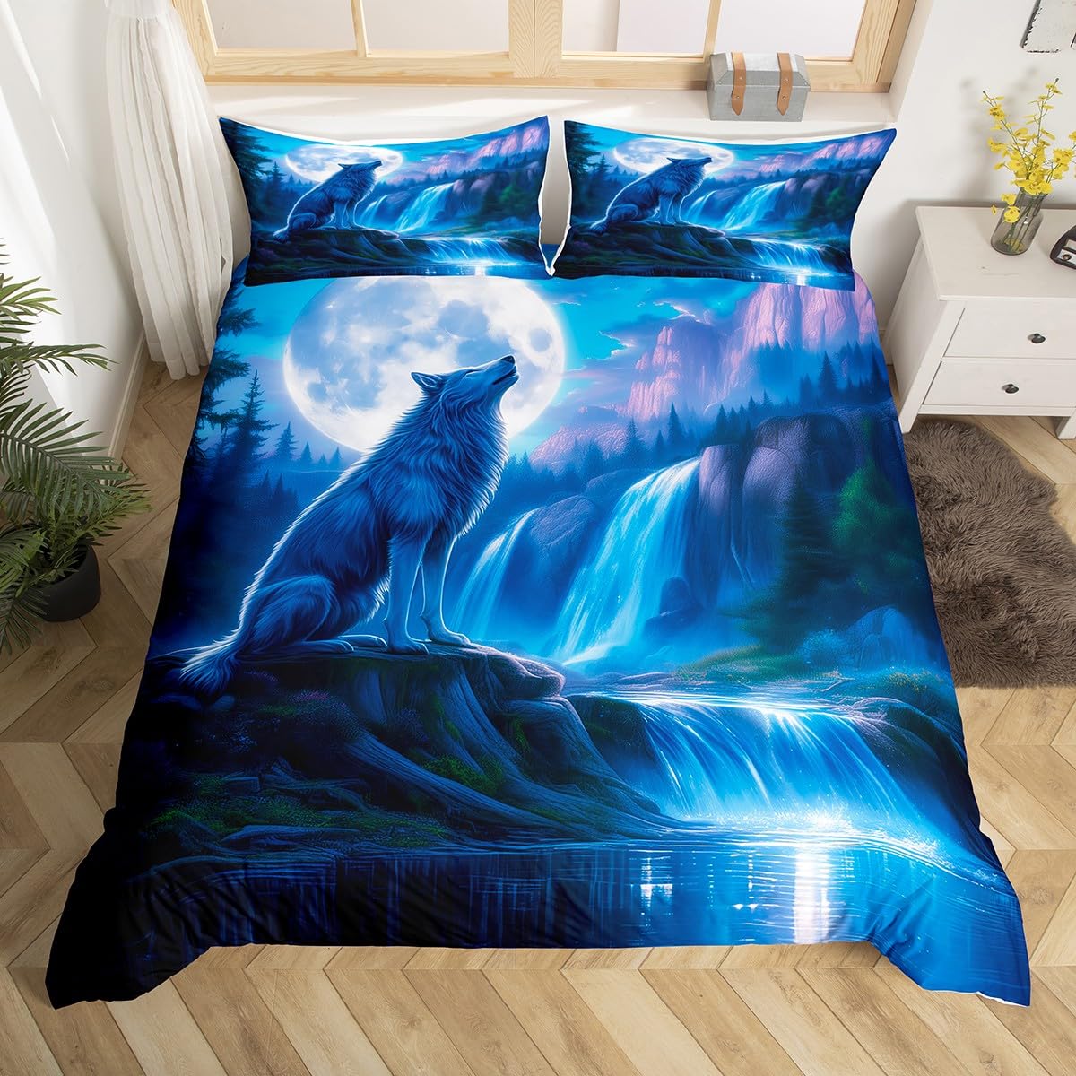 

Comforter Wild Animal Wolf Full Queen Mountain Moon Wolf Bedding Set For Kids Men Teens Room Dorm Aurora Comforter Set Comforter (quilt)-EU Single(135*200cm)3pcs