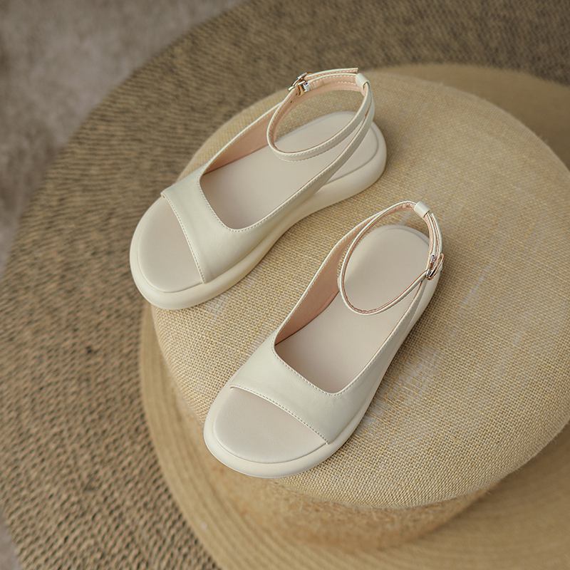 Krazing Pot Microfibră Peep Toe Tocuri joase Vară Platformă Plată Glezna Cataramă Femei Sandale de agrement