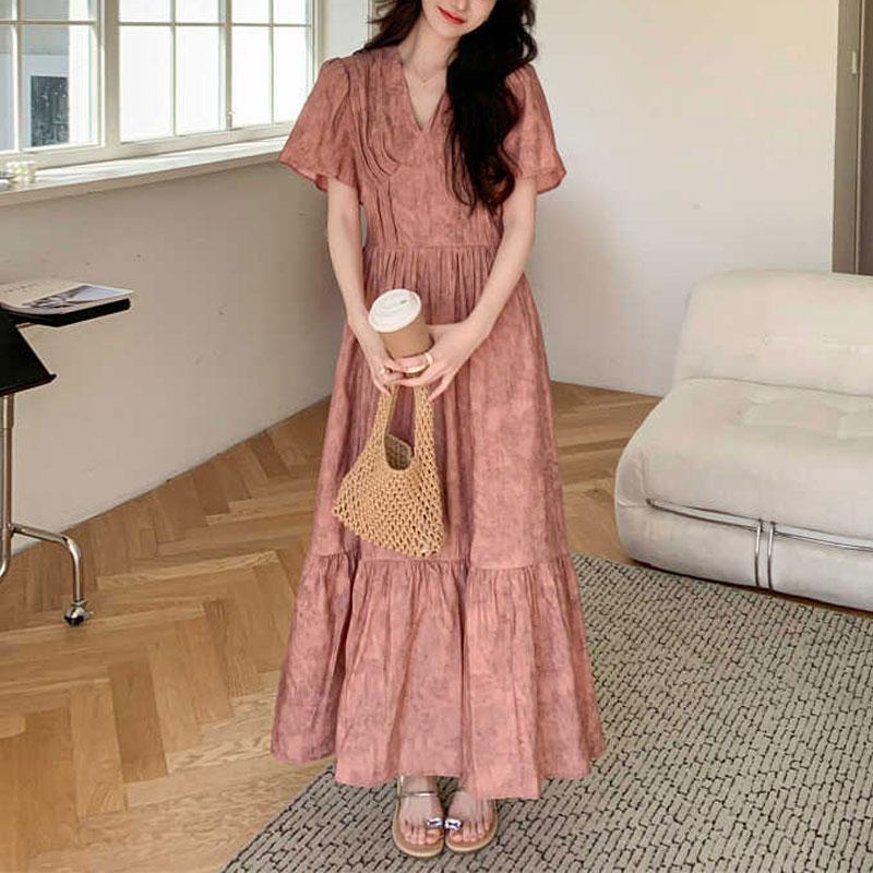 Elegant V-Neck Folds Dresses Short Sleeve Summer A-Line Waist Vintage Broken Flowers Spliced Long Dress