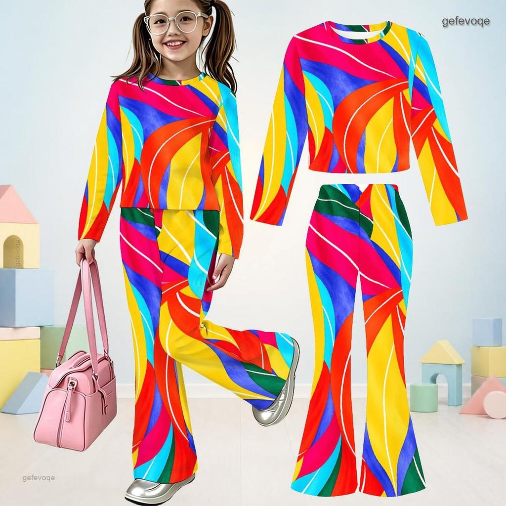 Mädchen Weiß Blau Bedrucktes Rundhals-Langarm-Oberteil und ausgestellte Hose Zweiteiliges Set