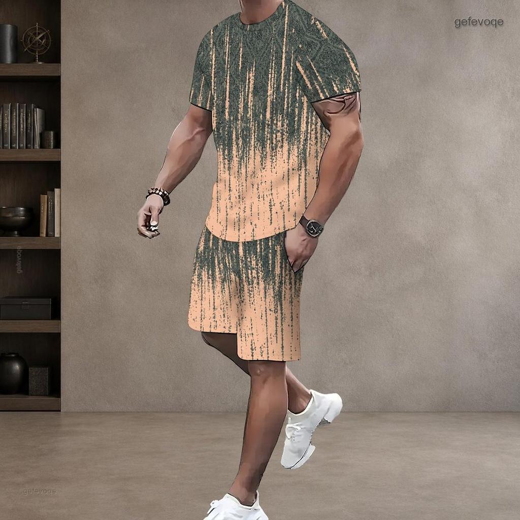Men s Plus Size Printed Round Neck Short Sleeve Top And Shorts Two Piece Set
