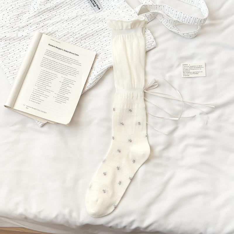 

Носки Детские Летние Легкий Стиль Белые До середины икры Чулки с Мелкими Цветами, Пятка с Бантом-лентой, Многослойные Чулки для Девочек 1 pair