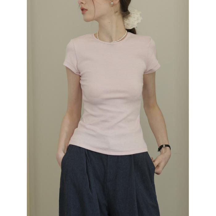 

No price reduction, refined cotton threaded 230g coffee versatile striped front shoulder short-sleeved t-shirt women s thin spice top S