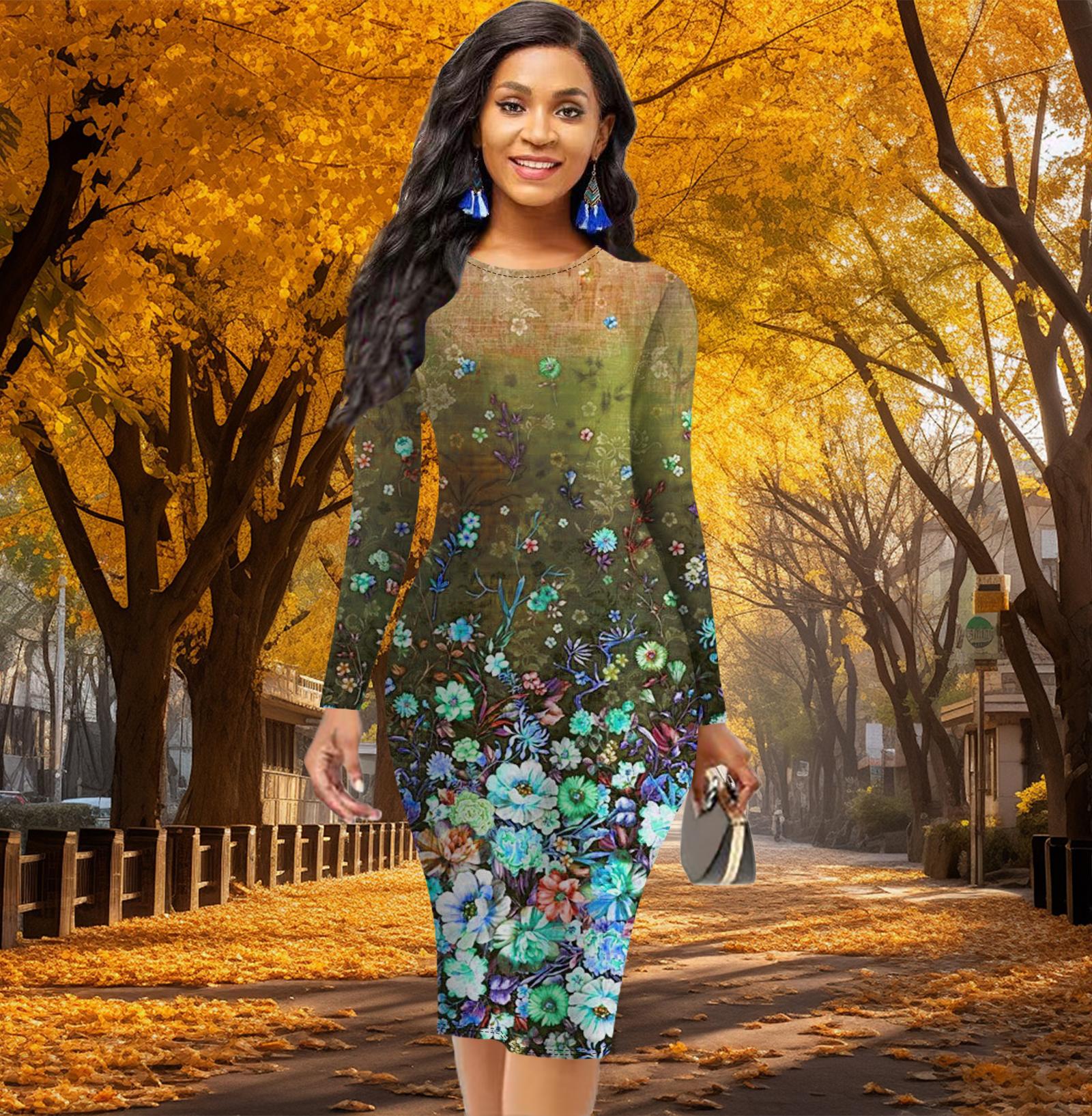 

Длинный рукав, талия, облегающее офисное платье с градиентным цветочным принтом, элегантное облегающее платье 8XL оранжевый